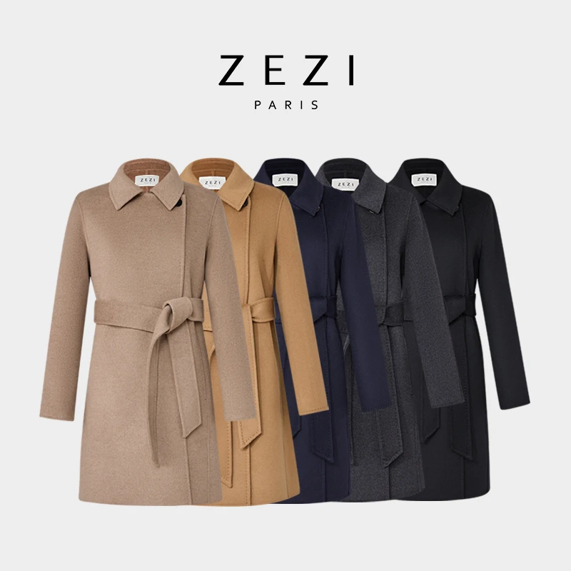 ZEZI【可可专属】【高支羊绒羊毛】关翻两用领双面呢中长款外套大衣