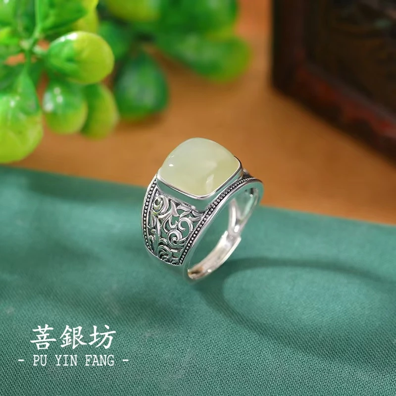 【菩银坊】和田玉S925银 方糖豆蔻戒指 气质  国风 简约