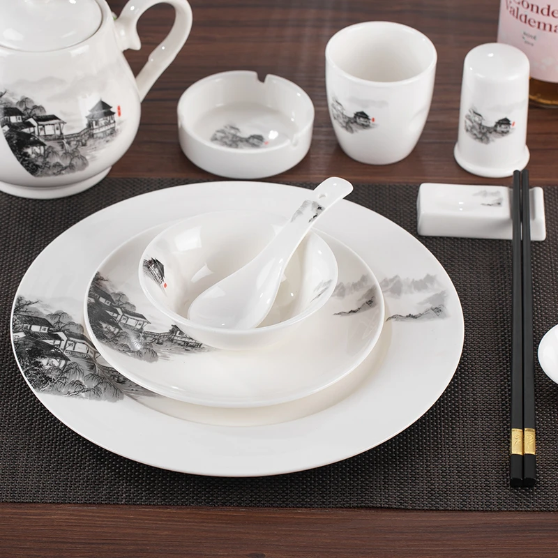星级酒店中式商用摆台山水画碗碟三件套饭店餐厅包间用四件套餐具