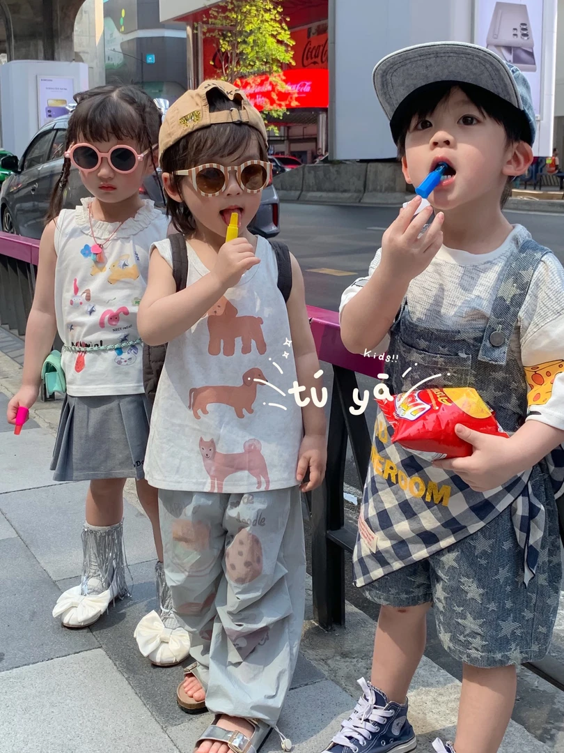 卡通风休闲风男套装夏装洋气韩版牛仔亲子男童休闲背带小童