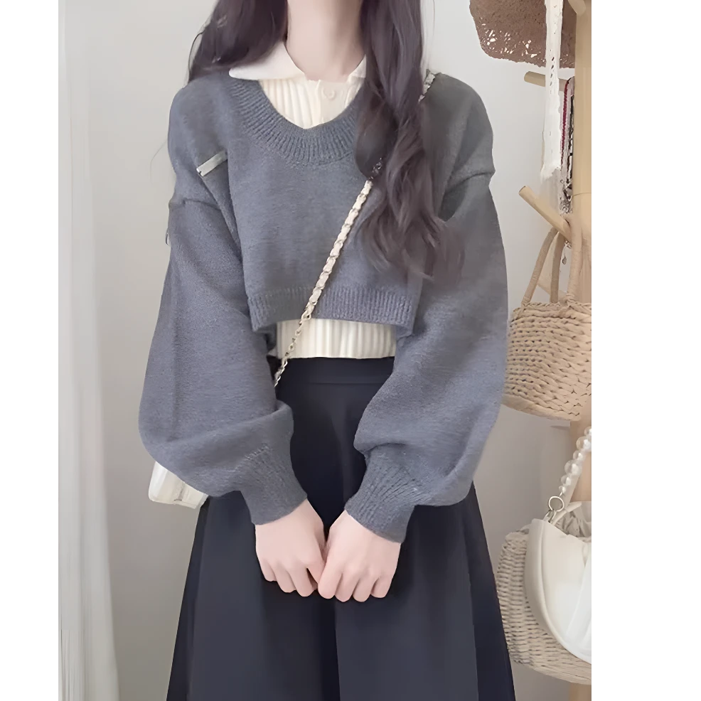 编码00上衣-00裙子韩系轻奢风时尚套装女2024秋冬新款高级灰宽松