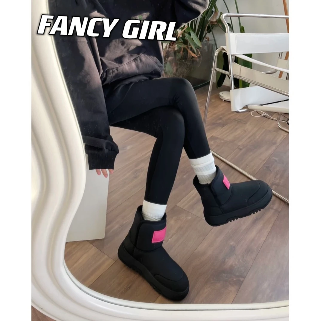【FANCY】真皮冬日荧光雪地靴'撞色厚底保暖短筒雪地靴女短靴靴子