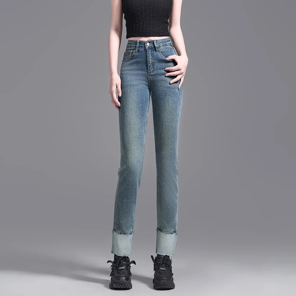 福老板|醒春|直筒牛仔裤女春秋新款高腰显瘦小个子九分烟管法棍裤