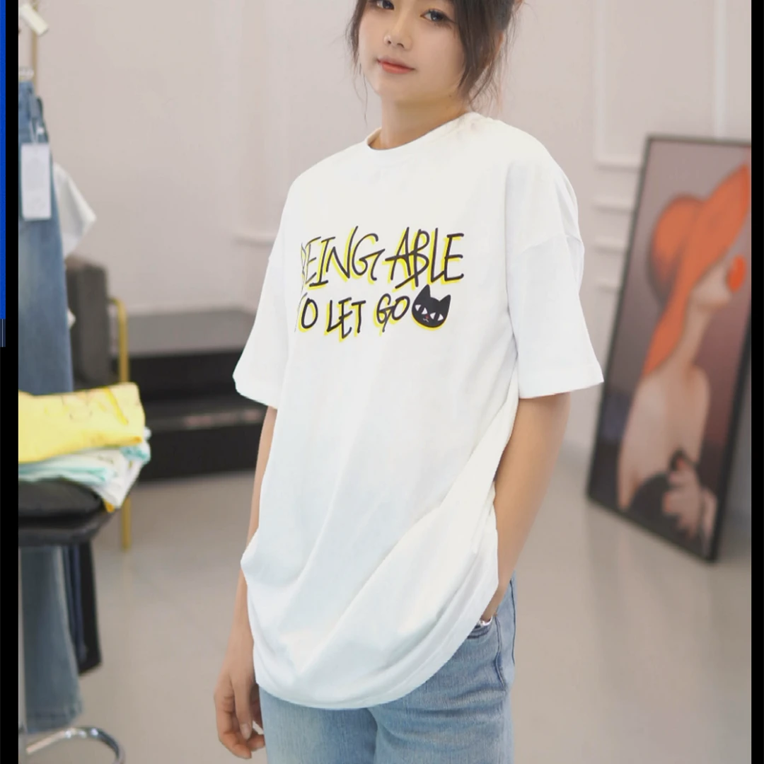 百搭半袖T恤白色女装休闲时尚印花夏季宽松1291