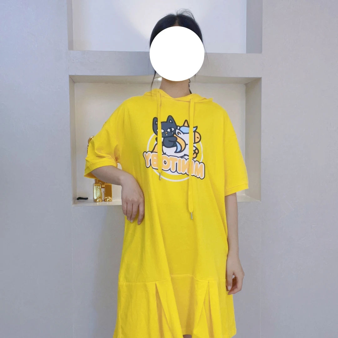 高级感黄色印花T恤连衣裙女夏季2025新款小众休闲减龄收腰A02 004