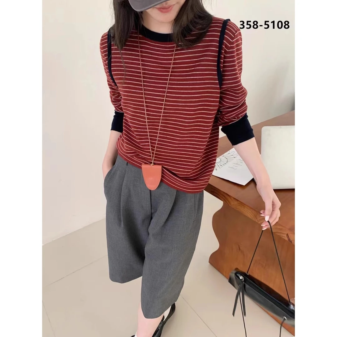 时髦撞色条纹超细打底针织衫女秋季新款高级感百搭软糯上衣潮
