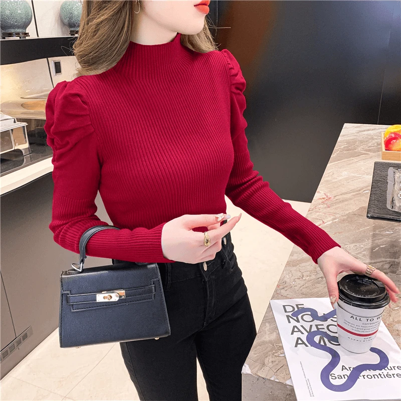 韩版半高领针织衫女秋装新款小个子泡泡袖打底衫气质紧身弹力上衣