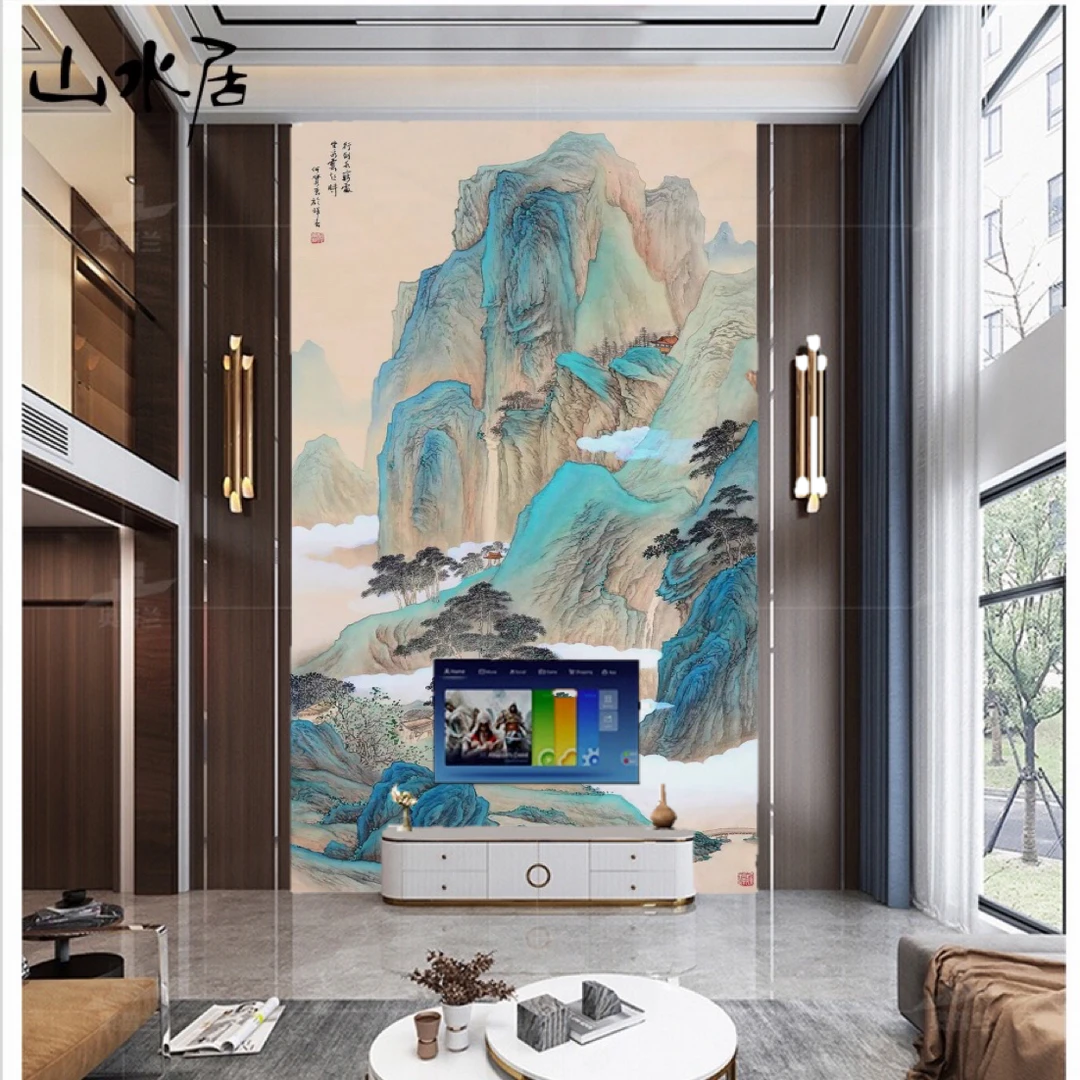新中式复式别墅挑空电视背景墙画千里江山壁纸客厅大气山水墙壁布