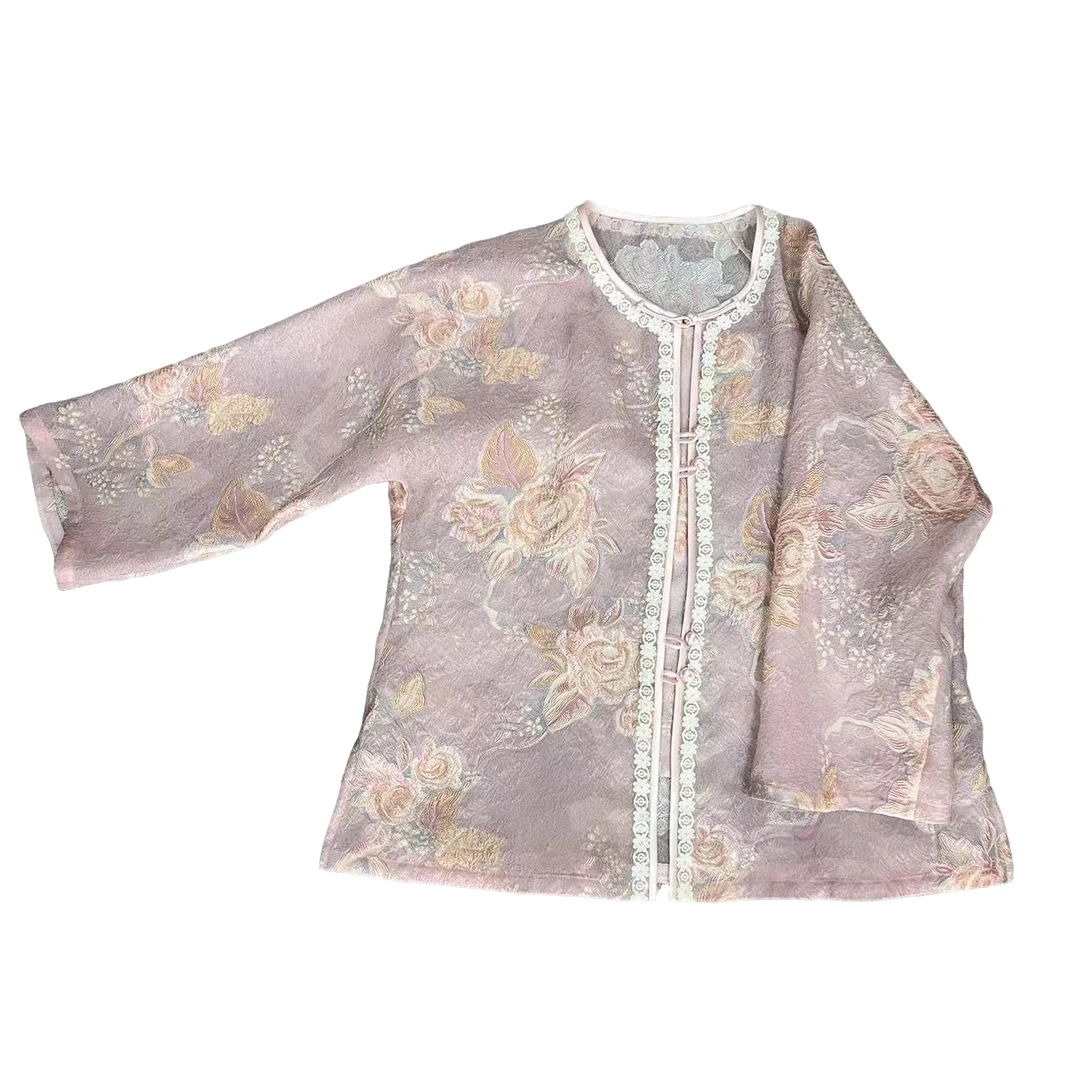 【上古锦·妃红玫瑰上衣】100桑蚕丝真丝提花开衫全开襟上衣外套