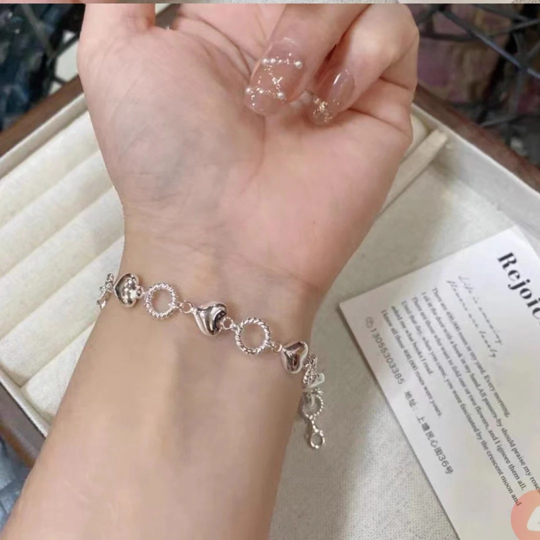 足银手链 永恒爱心足银手链，时尚个性环环相扣韩版百搭七夕节礼物