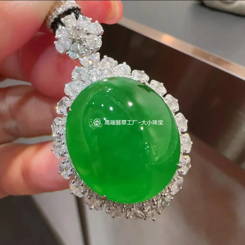 大小珠宝冰种满色正阳绿天然翡翠大蛋面吊坠老坑辣绿色缅甸鸽子蛋