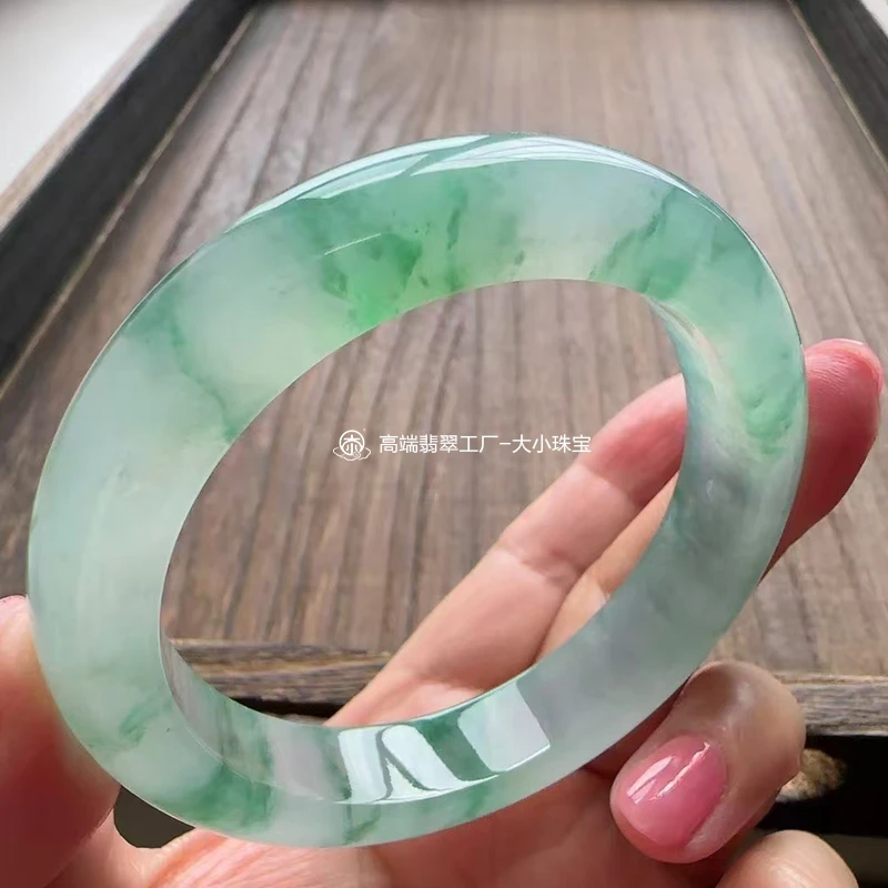 大小珠宝冰种起胶感飘兰花天然翡翠手镯正圈57.5缅甸冰飘绿花手镯
