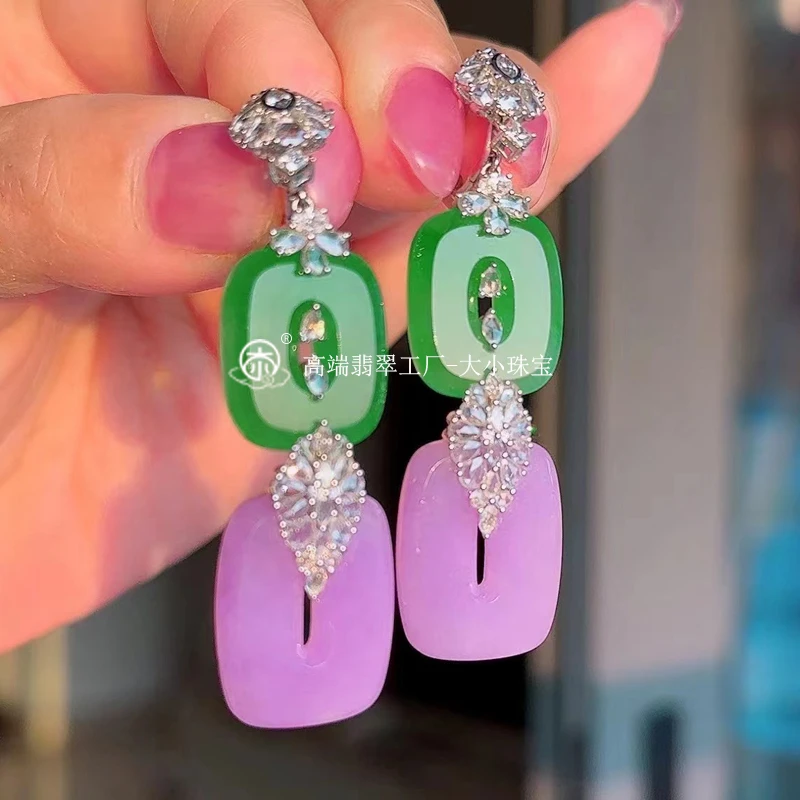 大小珠宝阳绿紫罗兰翡翠平安扣送礼双环紫加绿平安扣耳环薄荷曼波