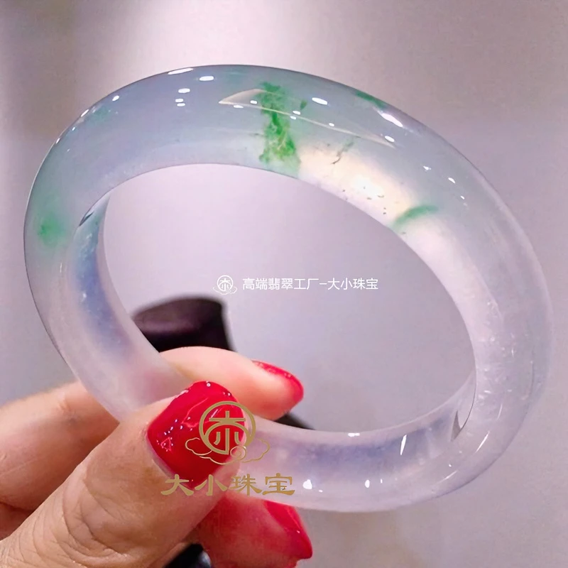 大小珠宝高冰起光飘绿花天然翡翠手镯正圈56.5送礼老坑种翡翠玉镯