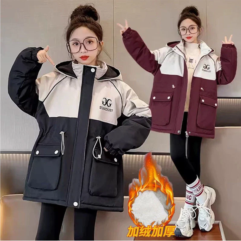 尚品女童棉服外套新款中大童冬装加绒加厚棉衣儿童中长款派克服女
