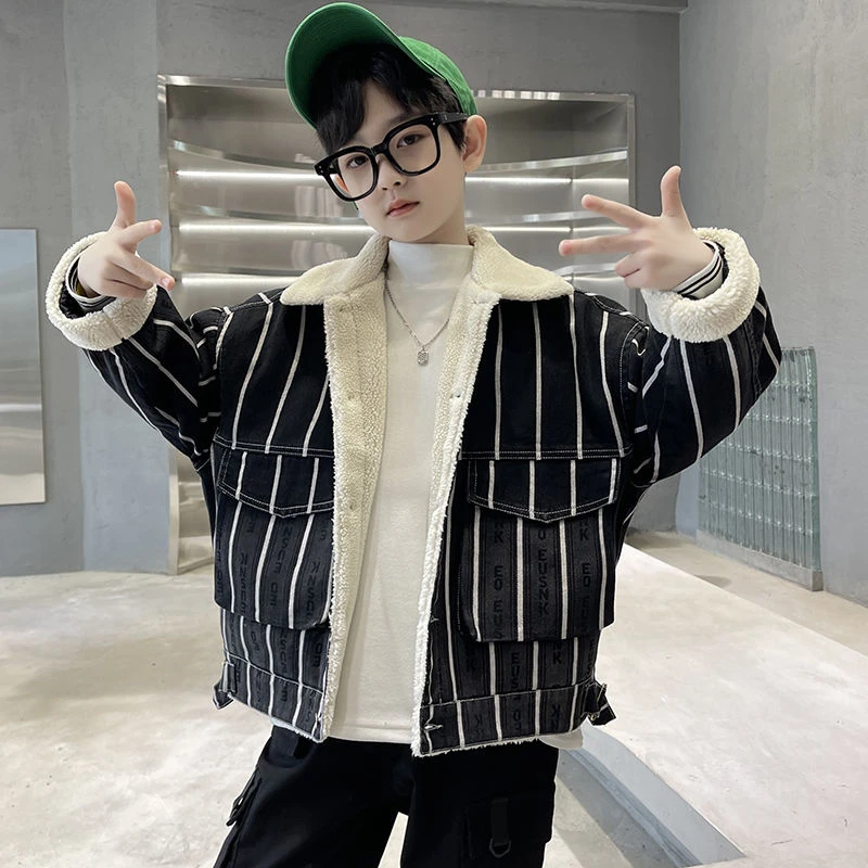尚品男童牛仔外套冬季加绒中大童冬装儿童加厚韩版帅气条纹上衣