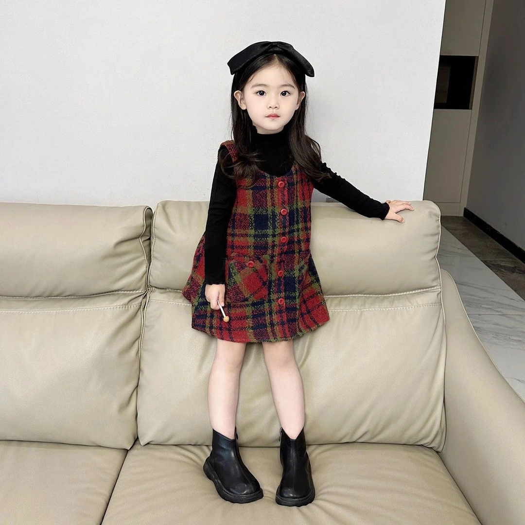 尚品女童秋季套装新款中小童格子毛呢裙两件套洋气冬裙呢子背心裙