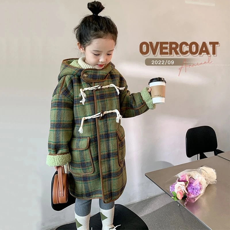 尚品新款韩版毛呢大衣秋冬女童格子牛角扣中长款呢子潮童冬款外套