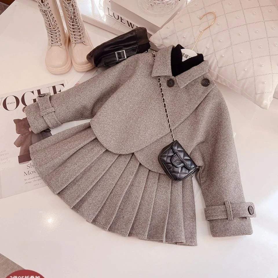 2024早春女童夹毛呢套装外套百褶短裙子两件套小女孩加厚洋气潮