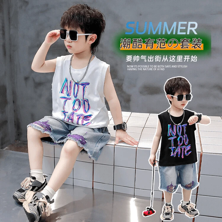 男童洋气潮酷无袖套装痞帅时髦夏装童装2025夏款牛仔短裤背心韩版