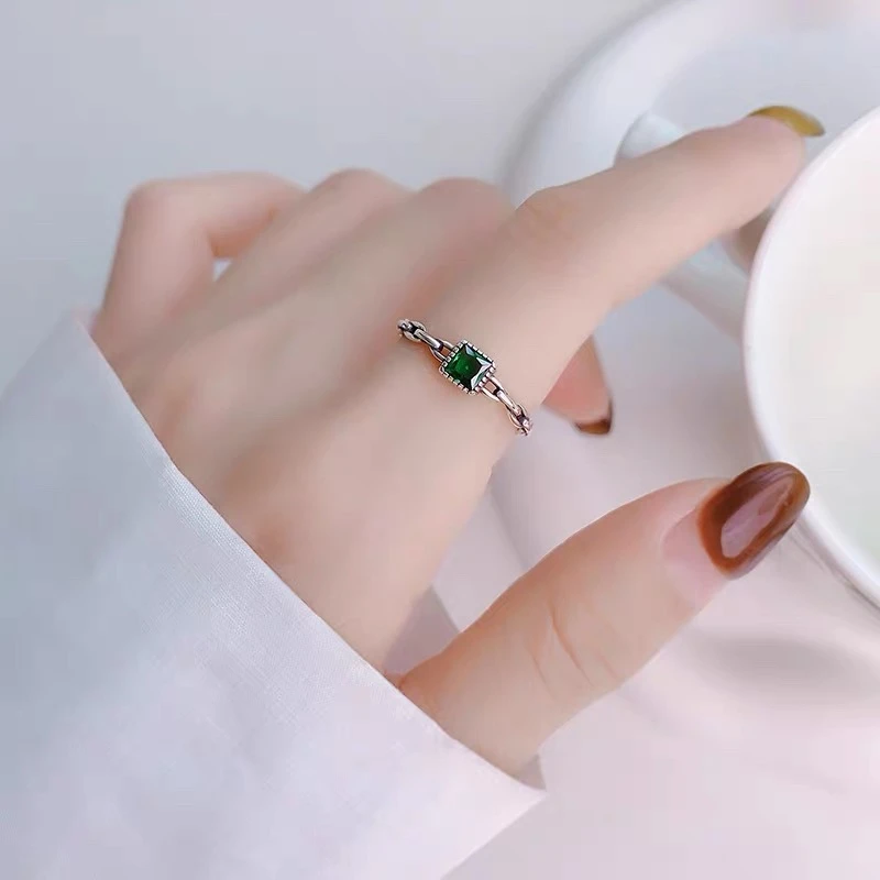 925银锆石戒指 纯银S925绿锆石链条开口戒指