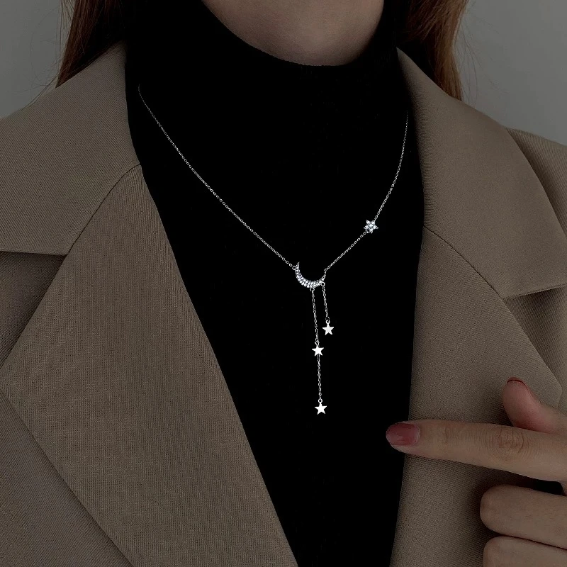 坠链均925银锆石 星星镶钻月亮流苏项链