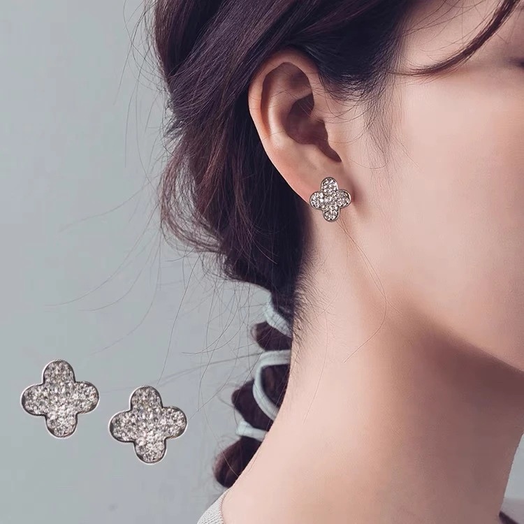 925银耳饰 S925纯银幸运草轻奢满锆耳钉