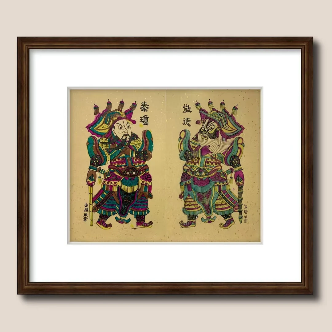 《秦琼敬德提鞭（锏）》旬阳版画陕西非遗传统手工木版年画背景装饰画