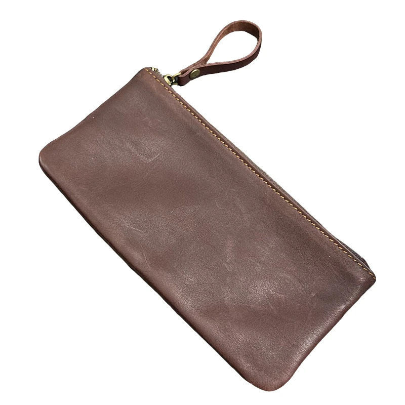 复古真皮简约小手包牛皮拉链收纳袋放手机零钱小包