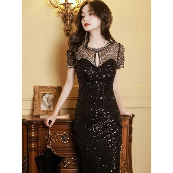 【裙长150厘米】礼服短袖主持人高端鱼尾伴娘服艺考成人礼连衣裙