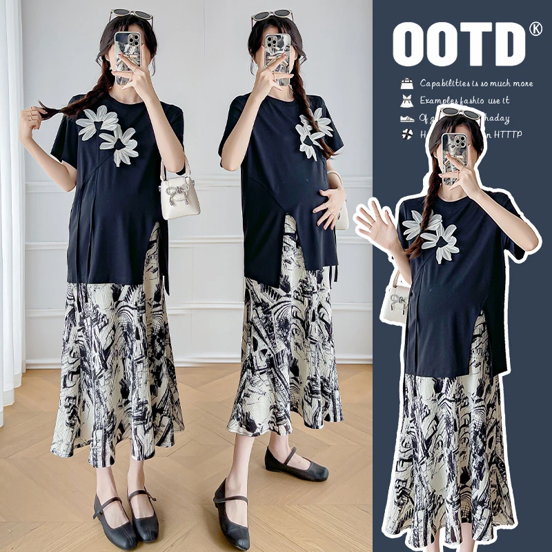 孕妇装时尚新中式气质简约国风设计感T恤+水印墨半身裙套装宽松女