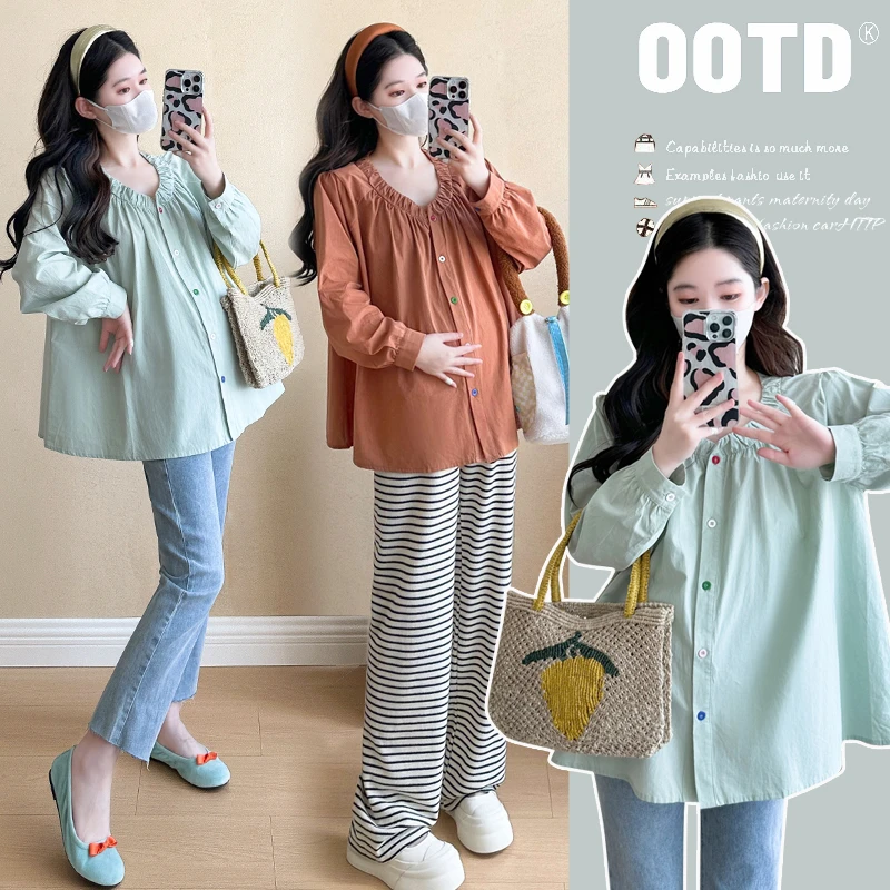 秋装新款孕妇长袖V领甜美减龄宽松娃娃衫百搭怀孕辣妈秋季上衣女