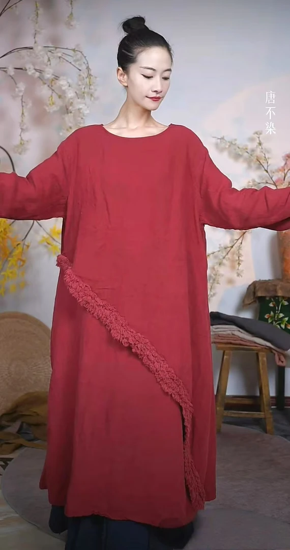 唐不染-婉风62471/亚麻文艺连衣裙带里衬大气禅意田园诗意春秋冬