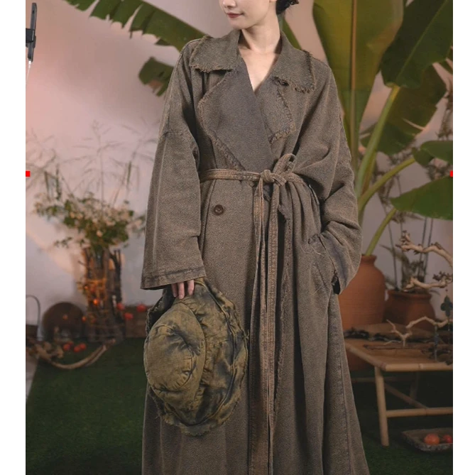 唐不染 长河风衣23930/亚麻重磅风衣大气秋冬外套厚款自然棉麻