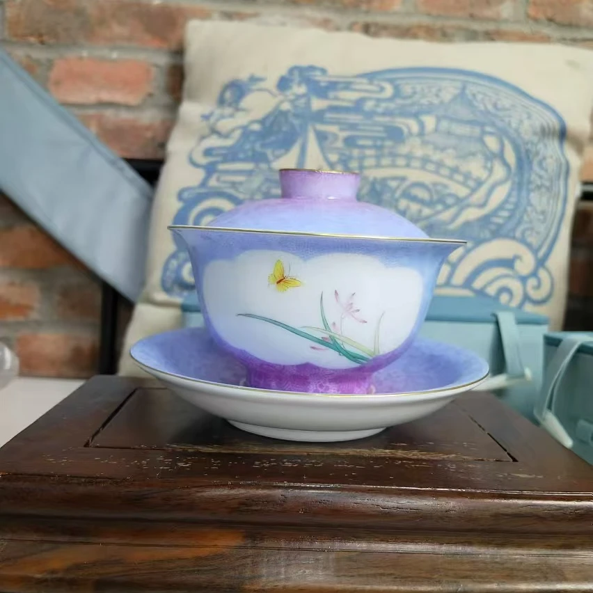 直播福利 全手工手绘粉彩渐变颜色釉扒花三才盖碗