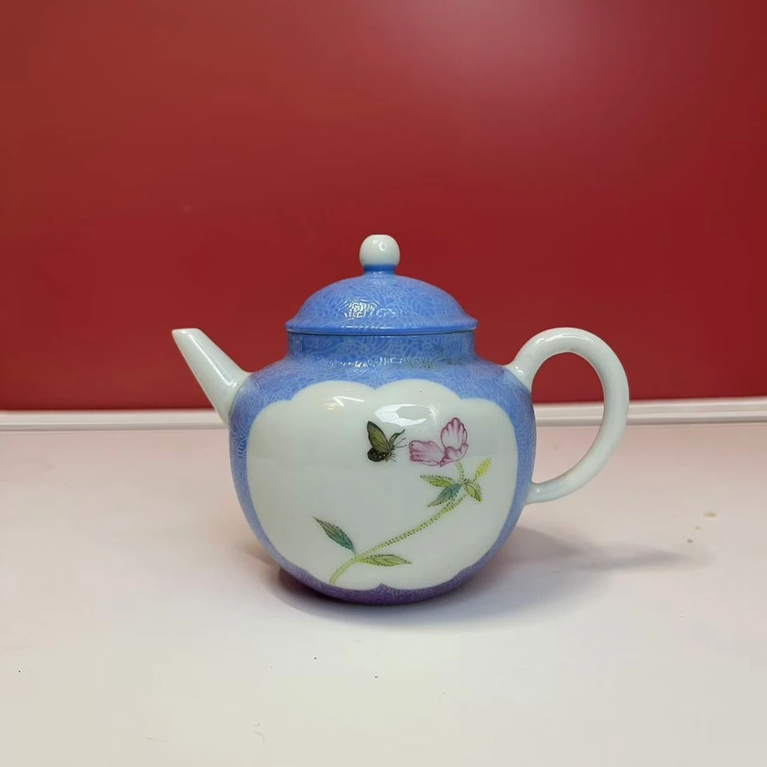 直播福利 纯手工手绘粉彩扒花开窗蝶恋花功夫茶壶秋水壶