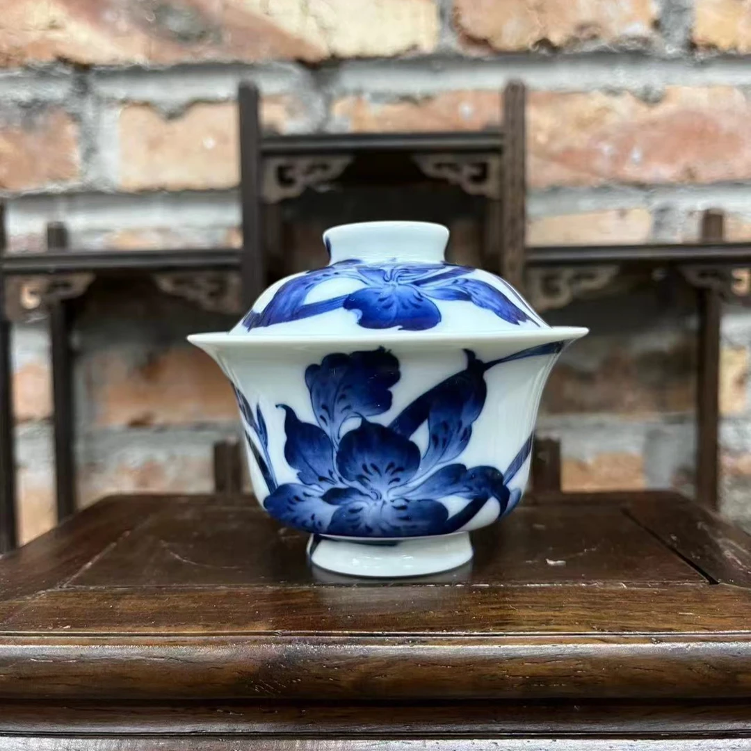 雨后新品湛蓝系列缠枝鸢尾花盖碗白瓷茶具纯手工釉下彩陶瓷