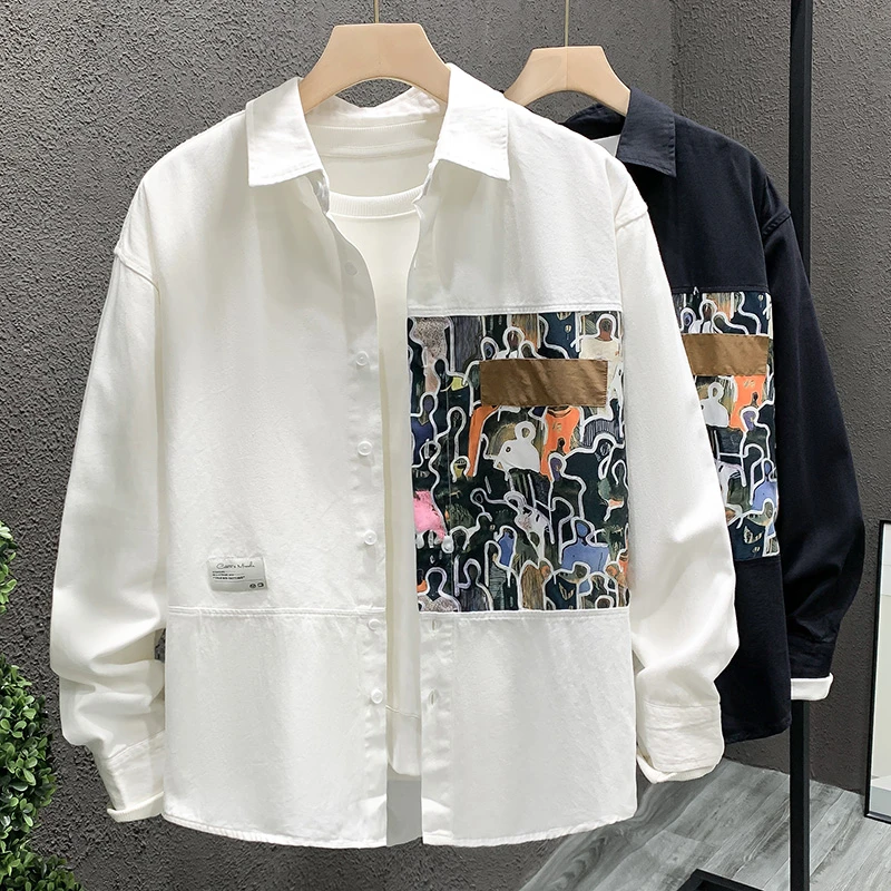 品质艺术感拼接长袖衬衫潮流印花百搭轻奢文艺个性男装宽松衬衣男