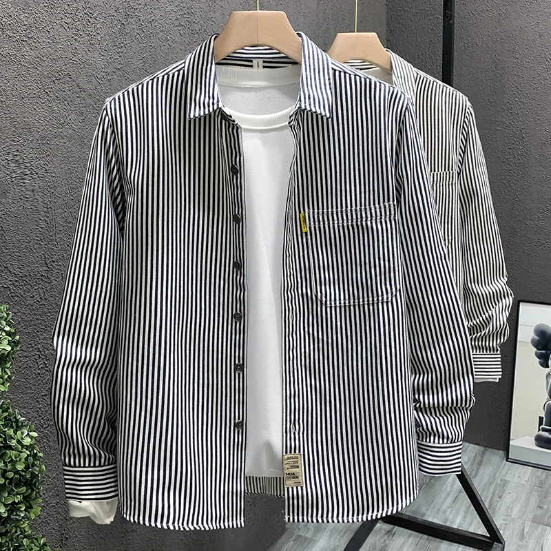 秋冬季新款专柜高级感经典复古条纹痞帅长袖衬衫男士休闲衬衣外套