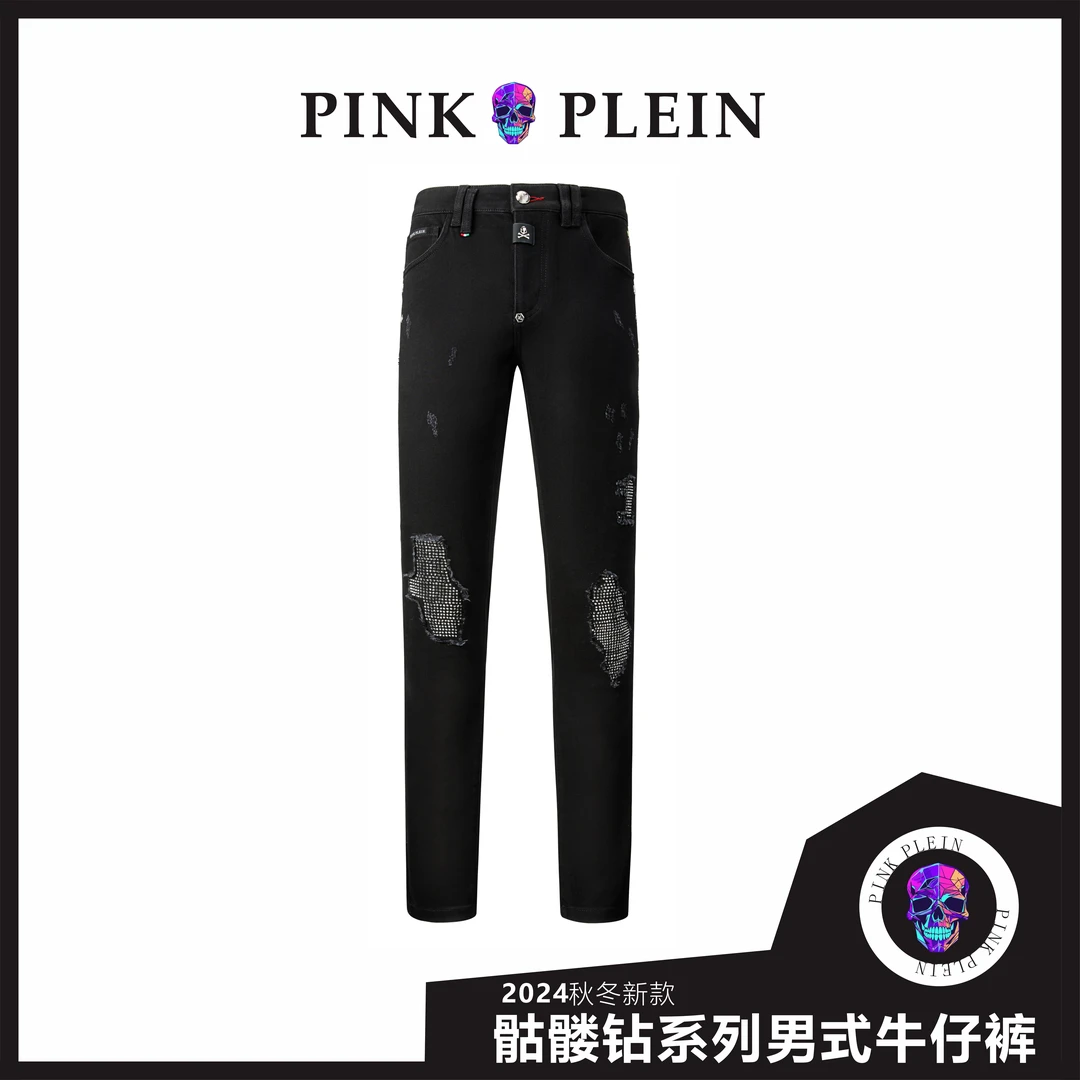 【六禾馆】PP2024秋冬爆款大面积烫钻擦花修身直筒男式牛仔裤黑色