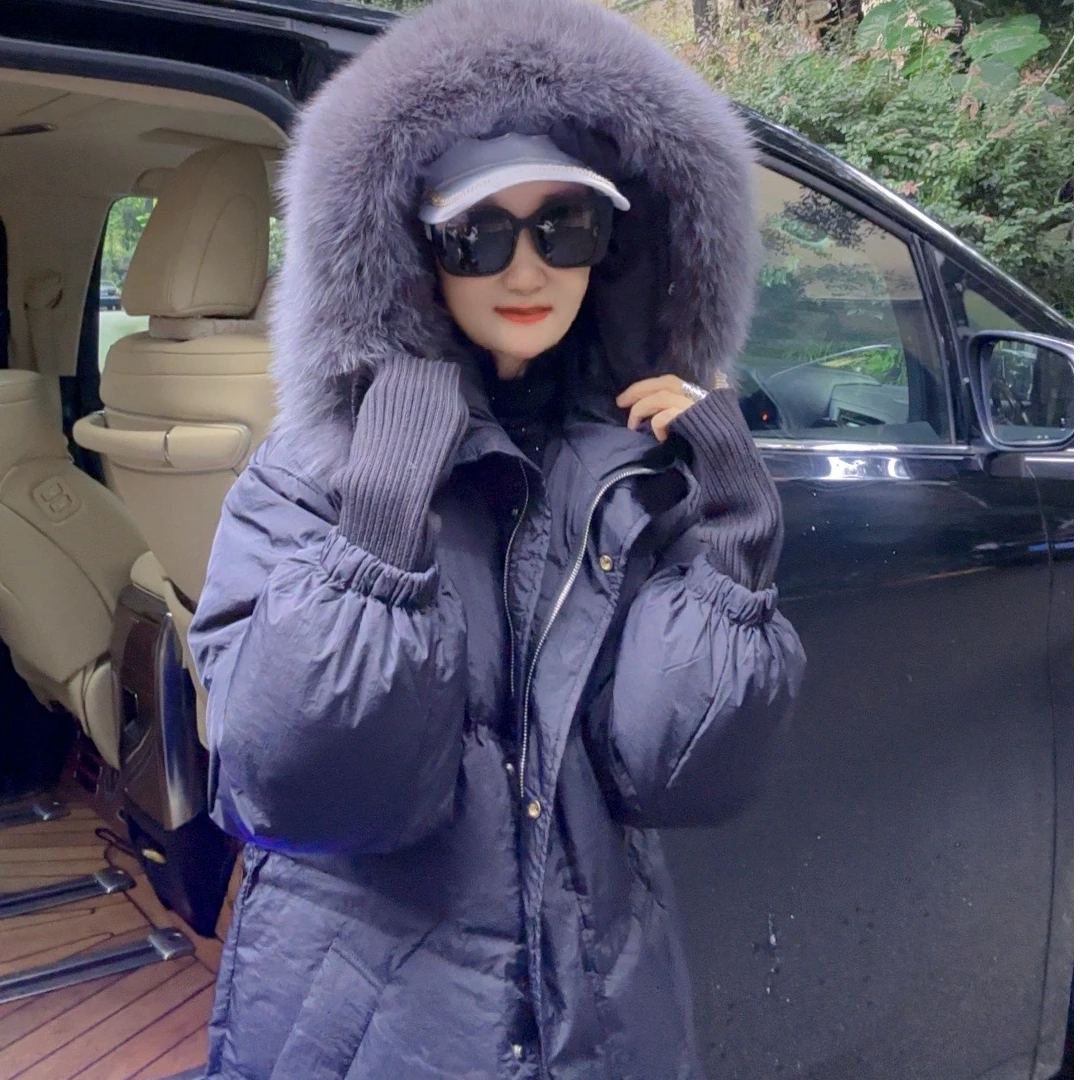 M43W020慕之淇冬季大狐狸毛领时尚简约百搭长款90白鸭绒羽绒服