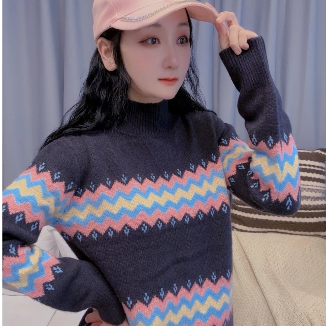 M43M055慕之淇全羊毛复古拼色提花高领针织毛衣