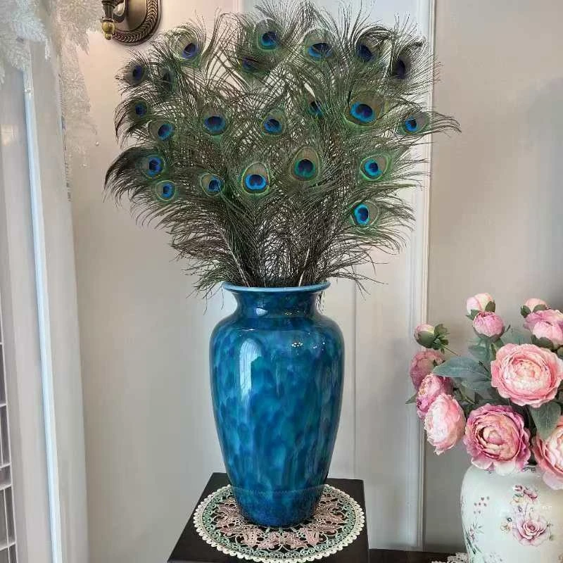 孔雀羽毛花瓶风格质感琉璃摆件手工制作花器玄关客厅新房家居软装