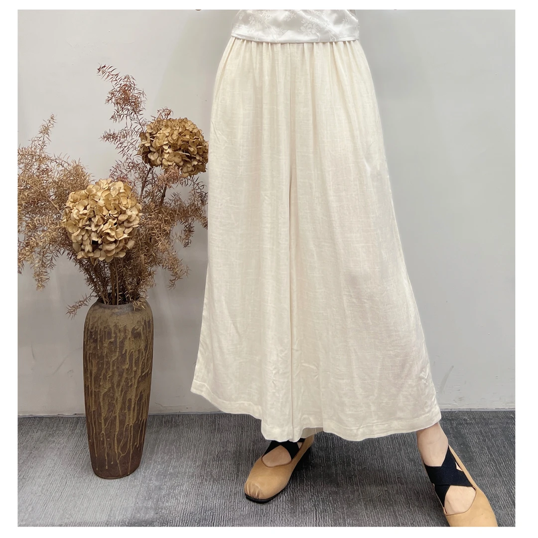 2024 夏季宽松文艺休闲松紧腰麻料百搭阔腿裤