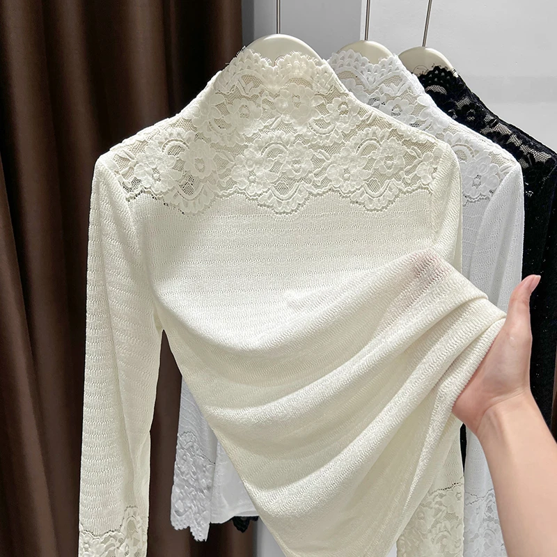 杏色软糯针织网纱打底衫女洋气内搭半高领长袖蕾丝衫春秋新款上衣