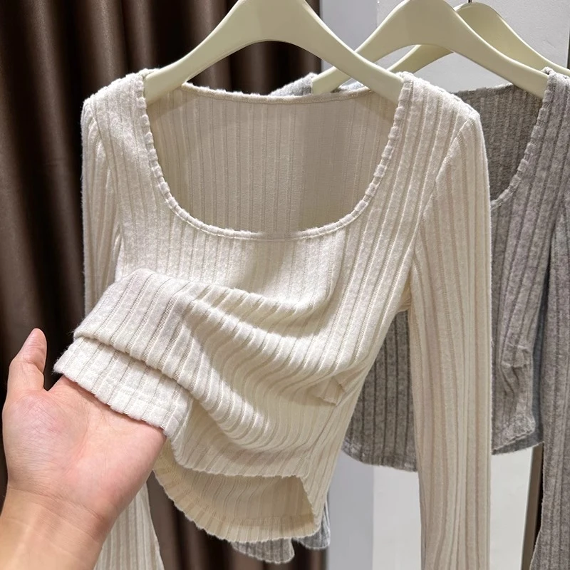 方领磨毛针织打底衫女2025秋冬新款内搭短款长袖T恤修身百搭上衣