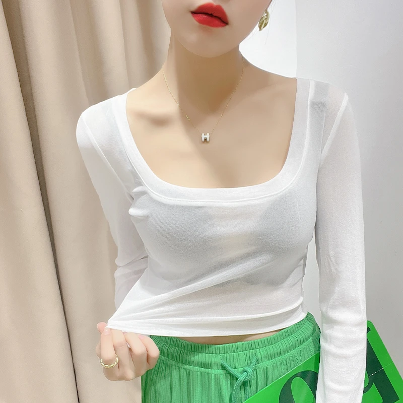 修身低领蕾丝打底衫内搭长袖女性感白色网纱t恤小衫透视短款上衣