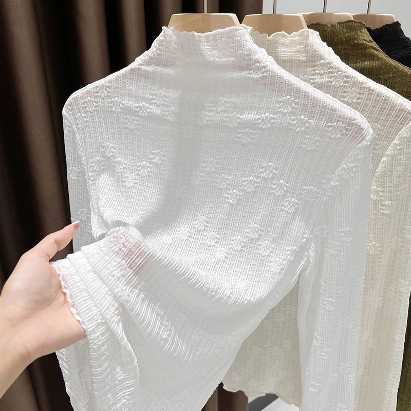 白色半高领蕾丝打底衫女秋冬新款洋气木耳内搭薄透款网纱小衫上衣