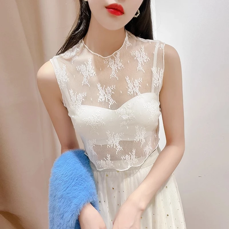 性感内搭薄透款蕾丝打底衫女假领子无袖背心春秋新款圆领镂空上衣