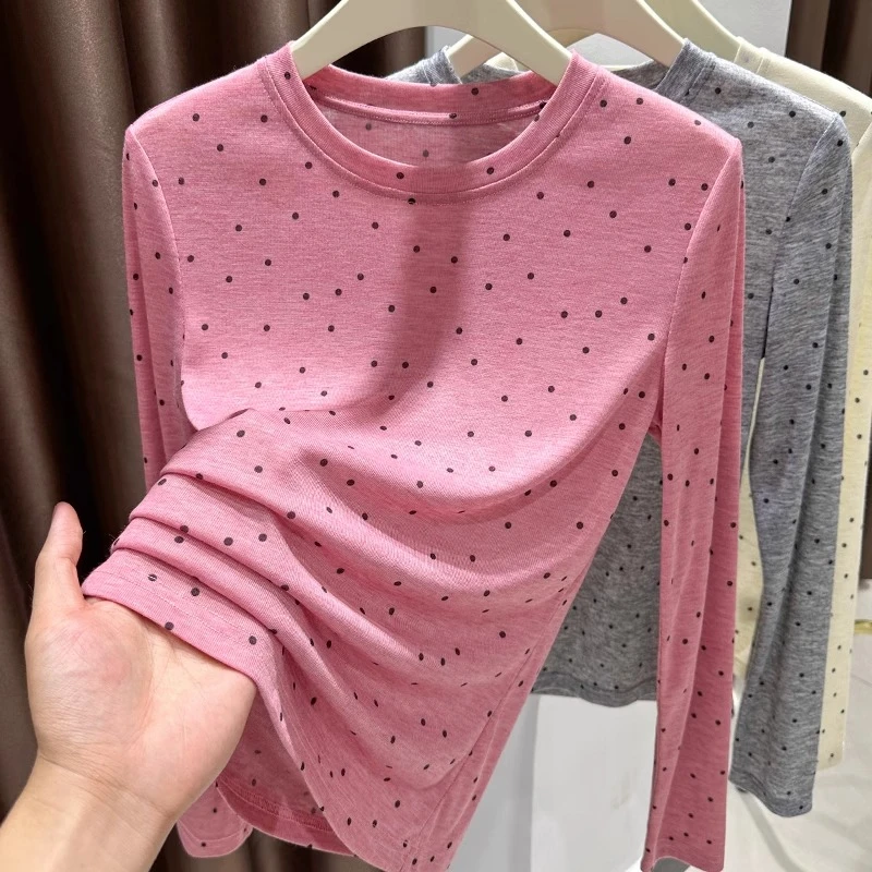 粉色面膜T恤女2025新款上衣圆领波点印花长袖修身显瘦内搭打底衫